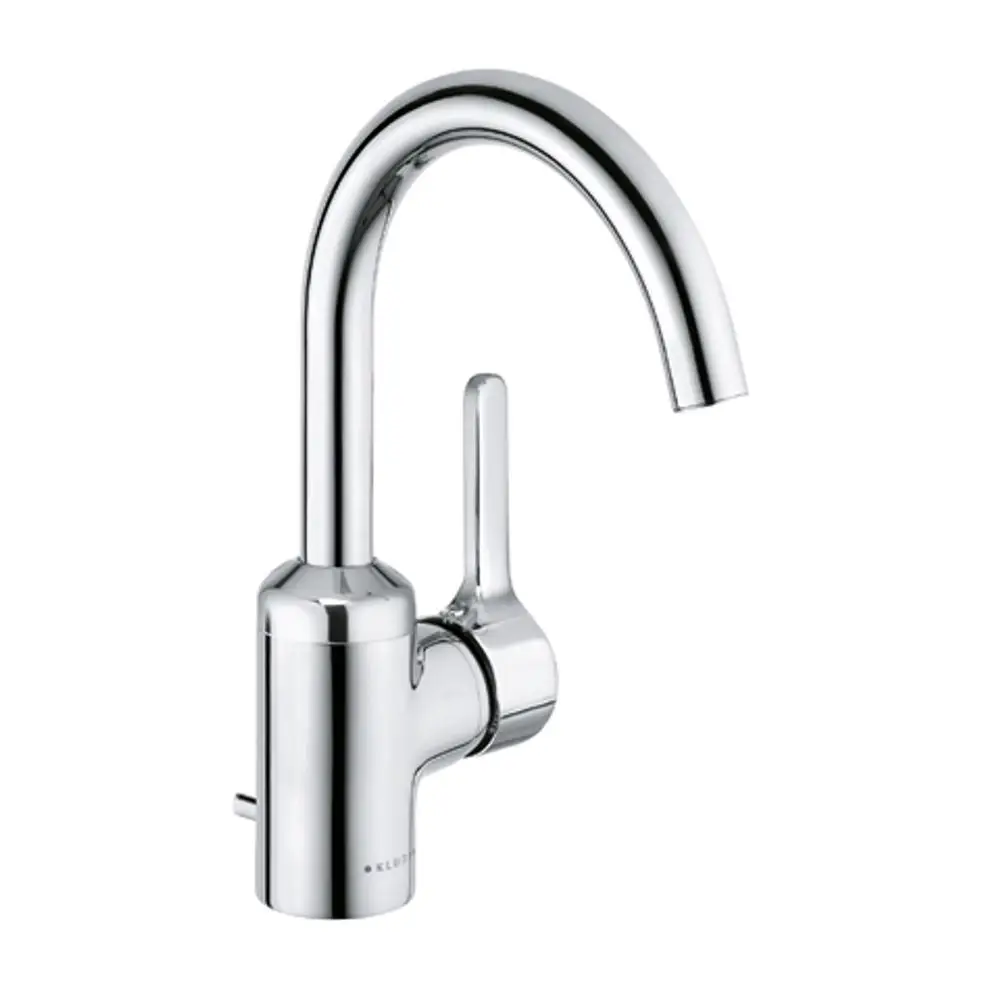 Chromfarbener Wasserhahn mit hohem Auslauf und seitlichem Bedienhebel, hergestellt von Kludi. Eignet sich für die Montage an Waschbecken.
